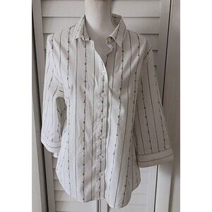 Chico's button front blouse stripe peace love 3/4 sleeve No Iron 3 (16)